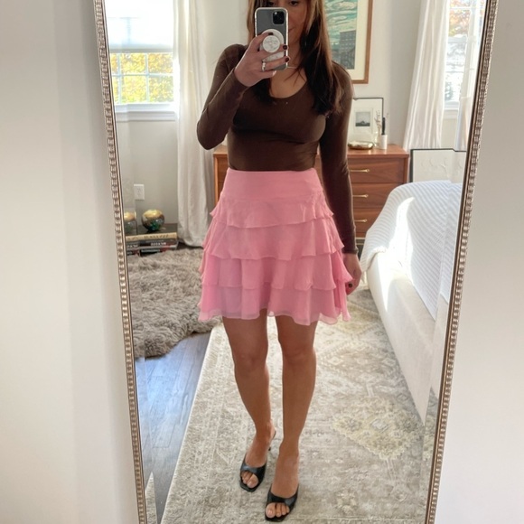 Searle Pink Tiered Ruffle Silk Mini Skirt - Picture 1 of 9